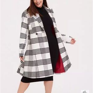 Torrid Black and White Plaid Trench Coat with Red Lining